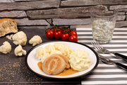 Beef & Cauliflower Timbales with Onion Sauce and Mashed Potato