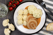 Beef & Cauliflower Timbales with Onion Sauce and Mashed Potato