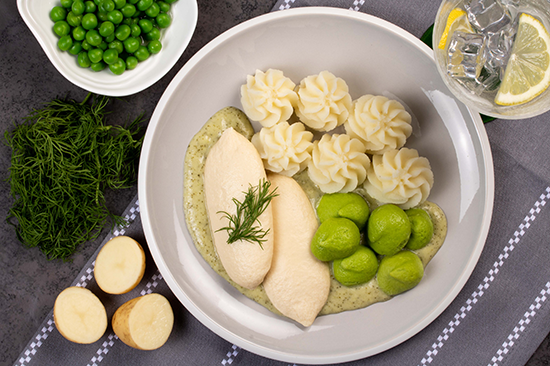 Cod & Pea Timbales with Dill Sauce and Mashed Potato