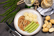 Meatball & Green Bean Timbales with Cream Sauce and Mashed Potato