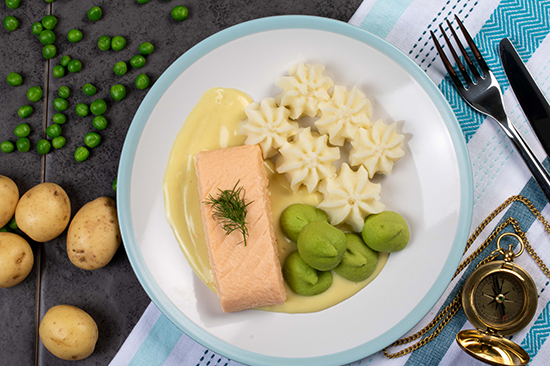 Salmon & Pea Timbales with Mustard Sauce and Mashed Potato